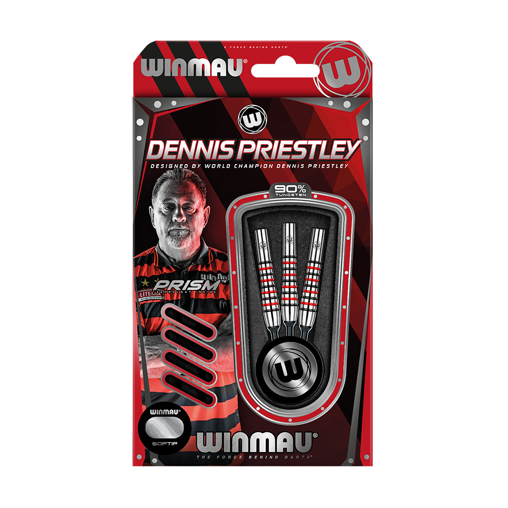 Auf dem Bild ist eine Verpackung für Winmau Softdarts mit dem Namen "Dennis Priestley" zu sehen. Die Verpackung zeigt drei Darts und ein Porträt von Dennis Priestley.