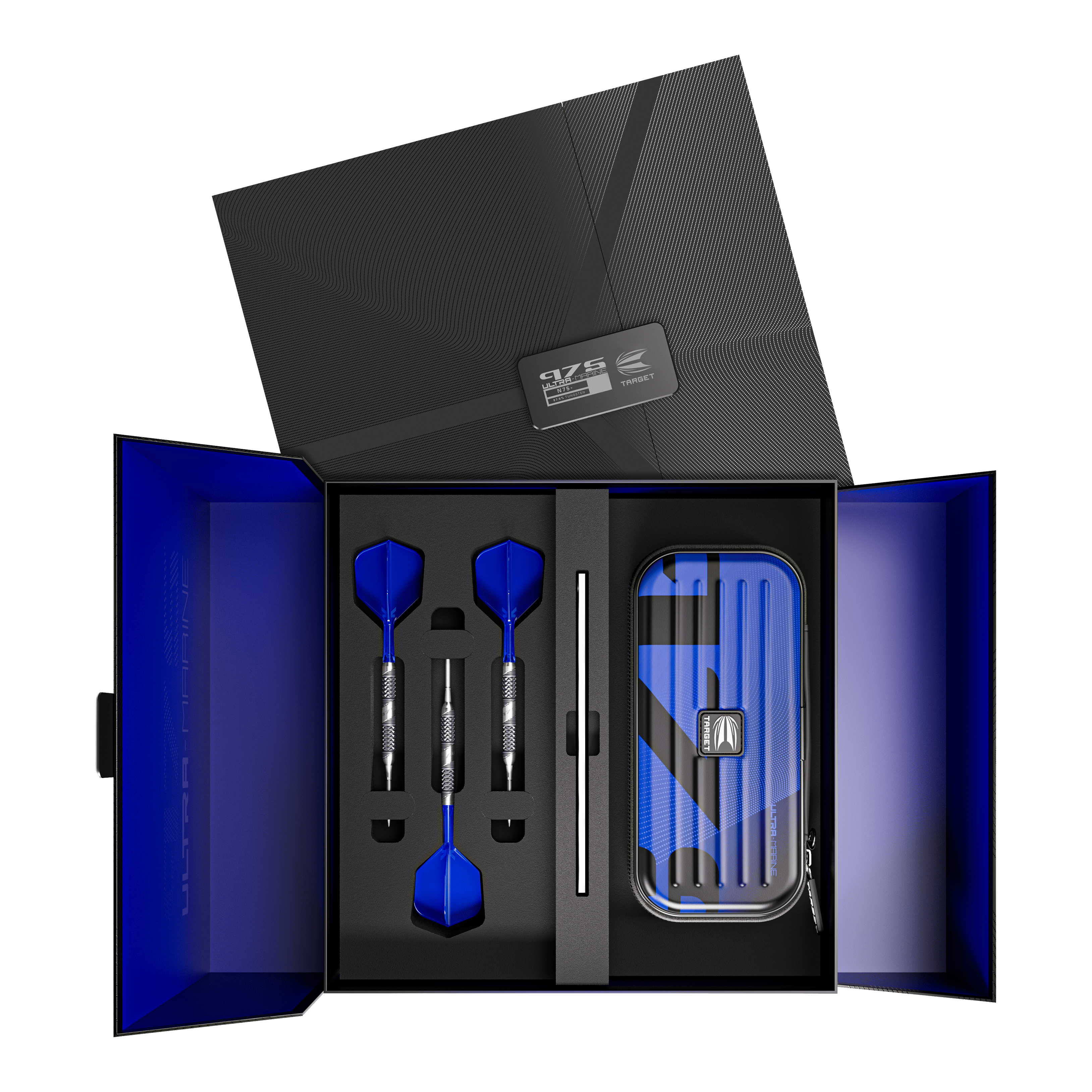 Lotki stalowe Target 975 Ultra Marine 02 Swiss Point Das Bild zeigt ein elegantes Dart-Set mit drei blauen Steeldarts, sorgfältig in einer Geschenkbox angeordnet. Rechts befindet sich ein passendes Etui im gleichen blauen Design.