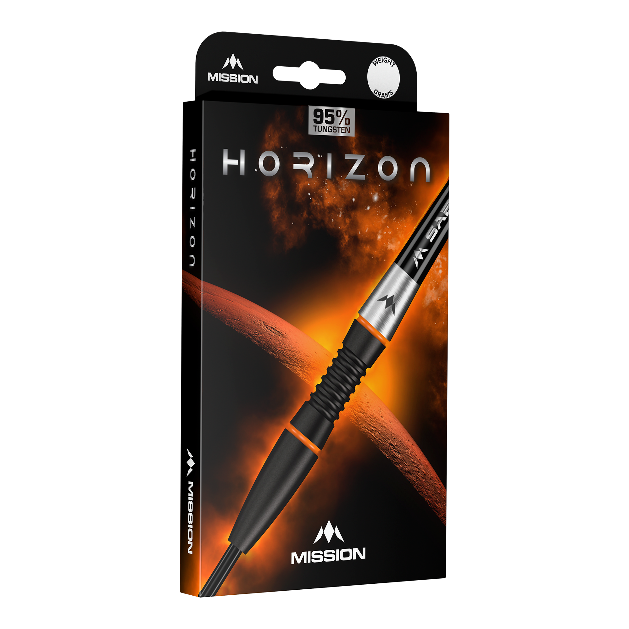 Mission Horizon Black PVD Orange Steeldarts sind zu sehen. Das Bild hebt die schwarze und orange Farbgebung hervor.