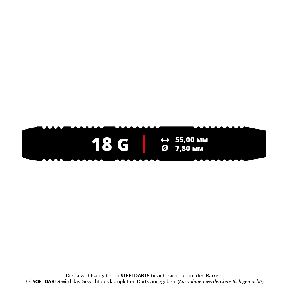Target Josh Rock Brass Soft Darts - 18g Das Bild zeigt einen Target Josh Rock Brass Softdart mit einem Gewicht von 18 Gramm. Die Länge beträgt 55,00 mm und der Durchmesser 7,80 mm.