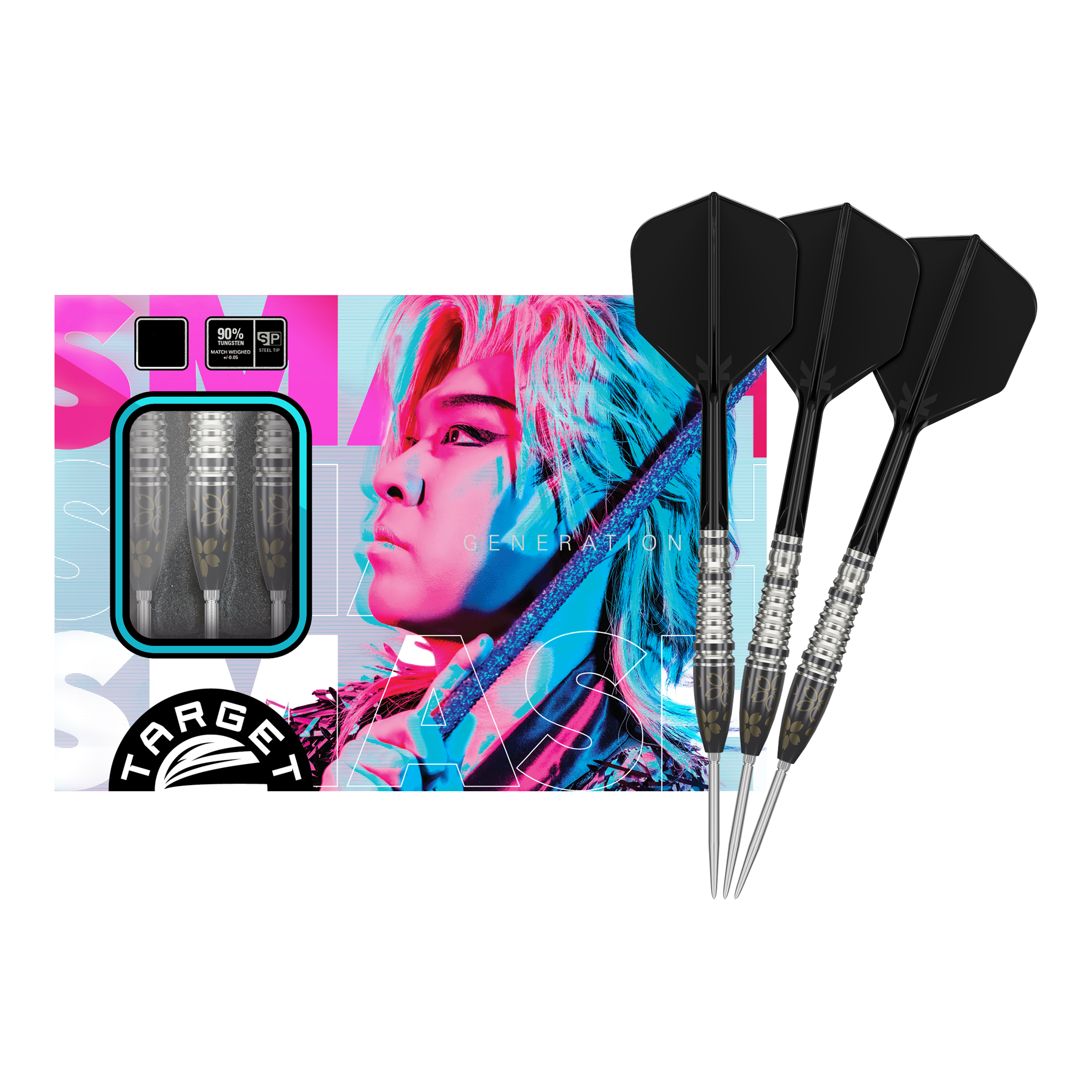 Das Bild zeigt ein Set von Target Japan Junya Koikawa Charm Smash GEN3 Swiss Point Steeldarts mit einem Gewicht von 23g. Auf der Verpackung ist ein farbenfrohes Porträt abgebildet, daneben sind drei schwarze Steeldarts zu sehen.