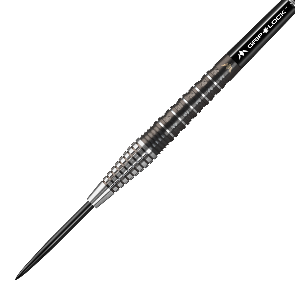 Das Bild zeigt den "Mission Makara M2 Steeldart" mit einem Gewicht von 23 Gramm. Der Dartpfeil hat eine schwarze Spitze und einen geriffelten, silber-schwarzen Griffbereich.