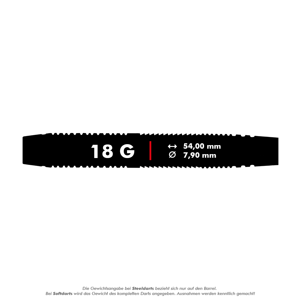 HA13968-B_Harrows_Blaze_Style_B_Softdarts_5_18g Das Bild zeigt das Produkt "Harrows Blaze Style B Softdarts" mit einem Gewicht von 18 Gramm. Die Länge beträgt 54,00 mm und der Durchmesser 7,90 mm.