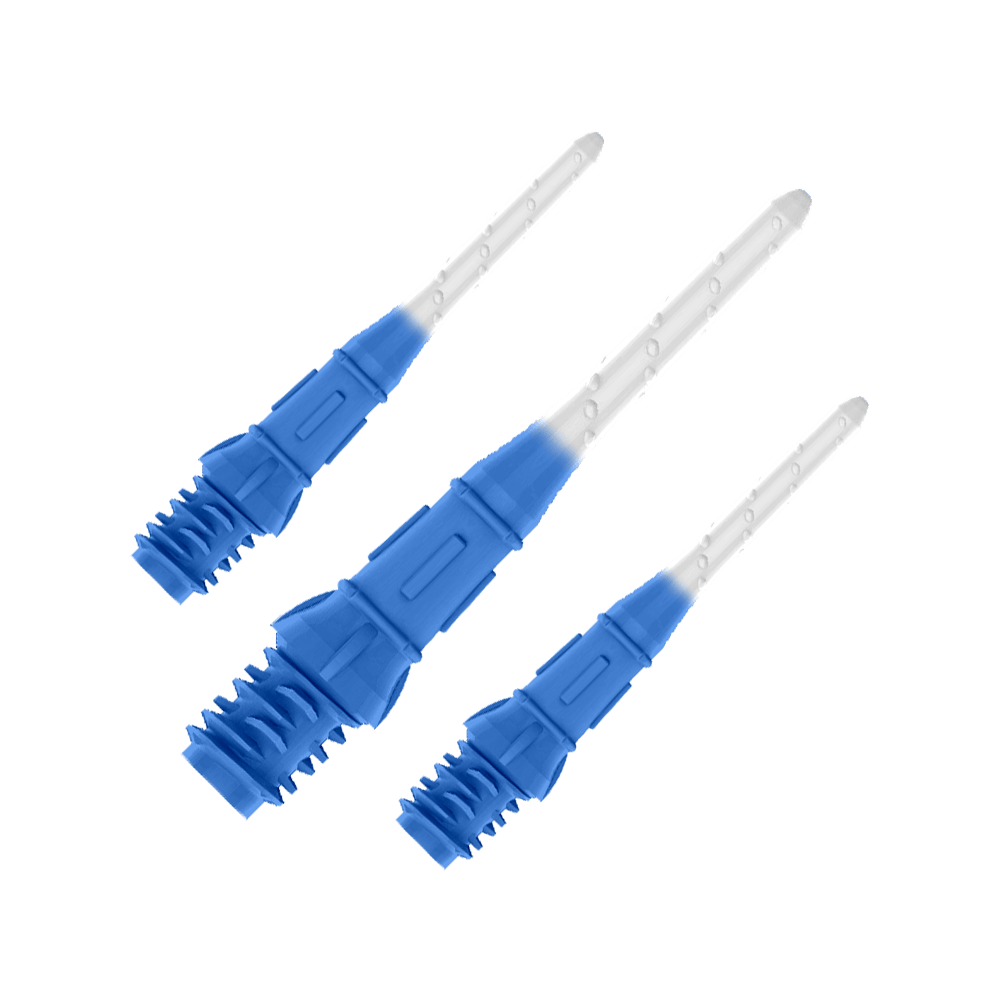 Dwukolorowe pomadki w stylu L Premium (opakowanie 30 sztuk) Das Bild zeigt drei blaue und weiße Dartspitzen, die nebeneinander liegen. Die Spitzen haben ein zweifarbiges Design mit dunklem Blau am unteren Teil und Weiß am oberen Teil.