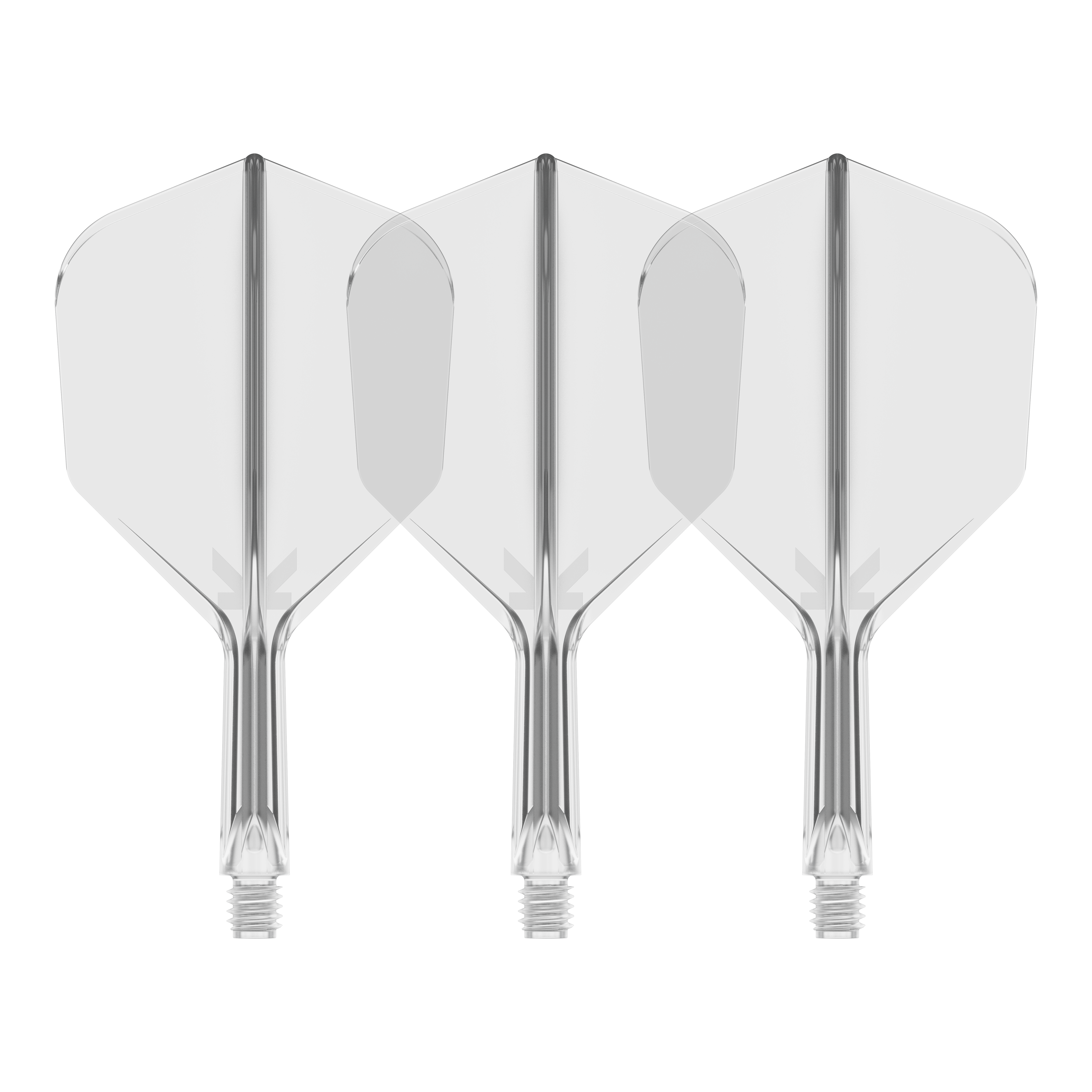 System lotu Target K-Flex No6 - przezroczysty Auf dem Bild sind drei durchsichtige Dartflights mit integriertem Schaft zu sehen. Sie stehen nebeneinander vor schwarzem Hintergrund.