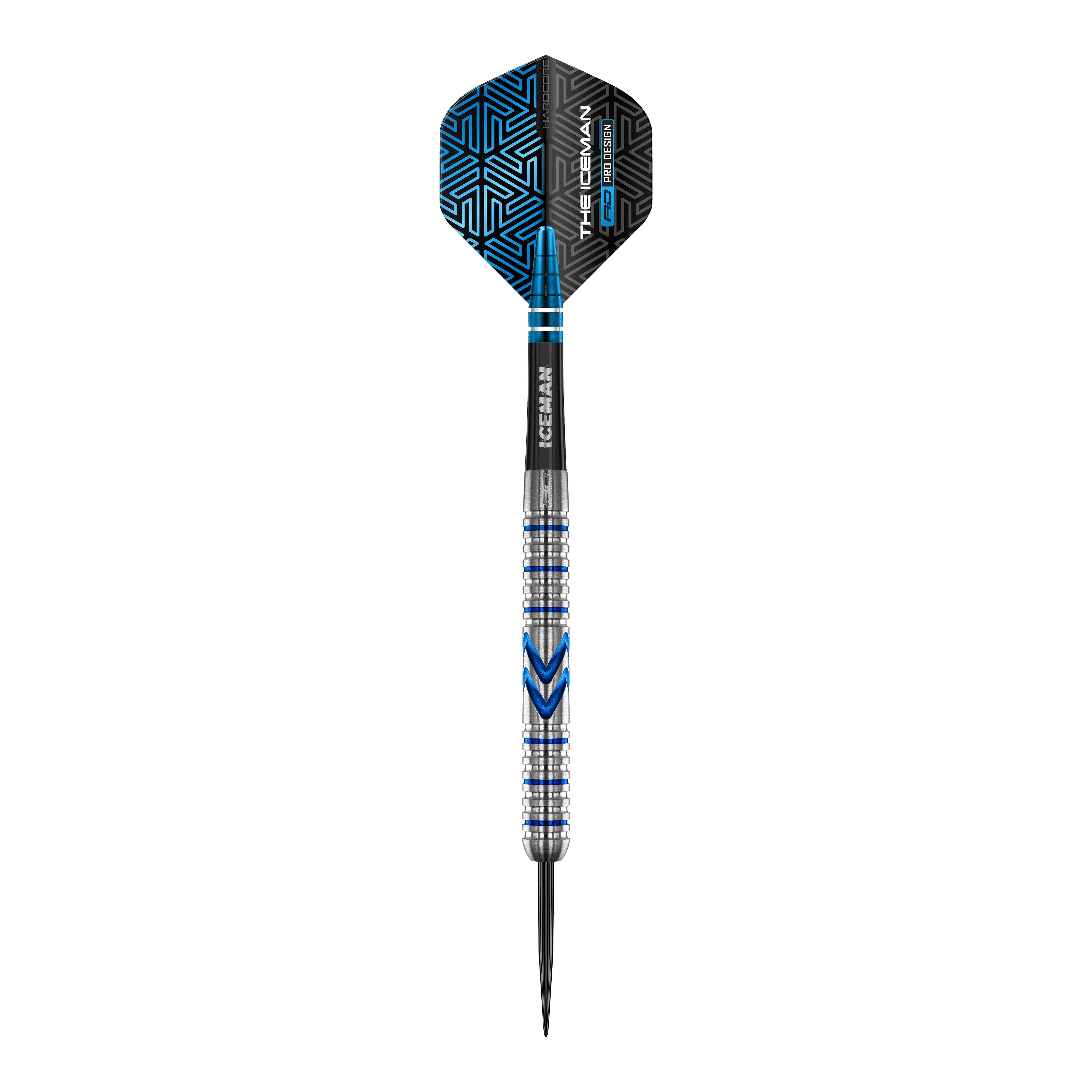 Stalowe lotki Red Dragon Gerwyn Price Iceman Midnight Edition Das Bild zeigt einen Steeldart aus der Serie "Red Dragon Gerwyn Price Iceman Midnight Edition". Der Dart hat ein silbernes und blaues Design mit schwarzen Akzenten auf dem Flight.