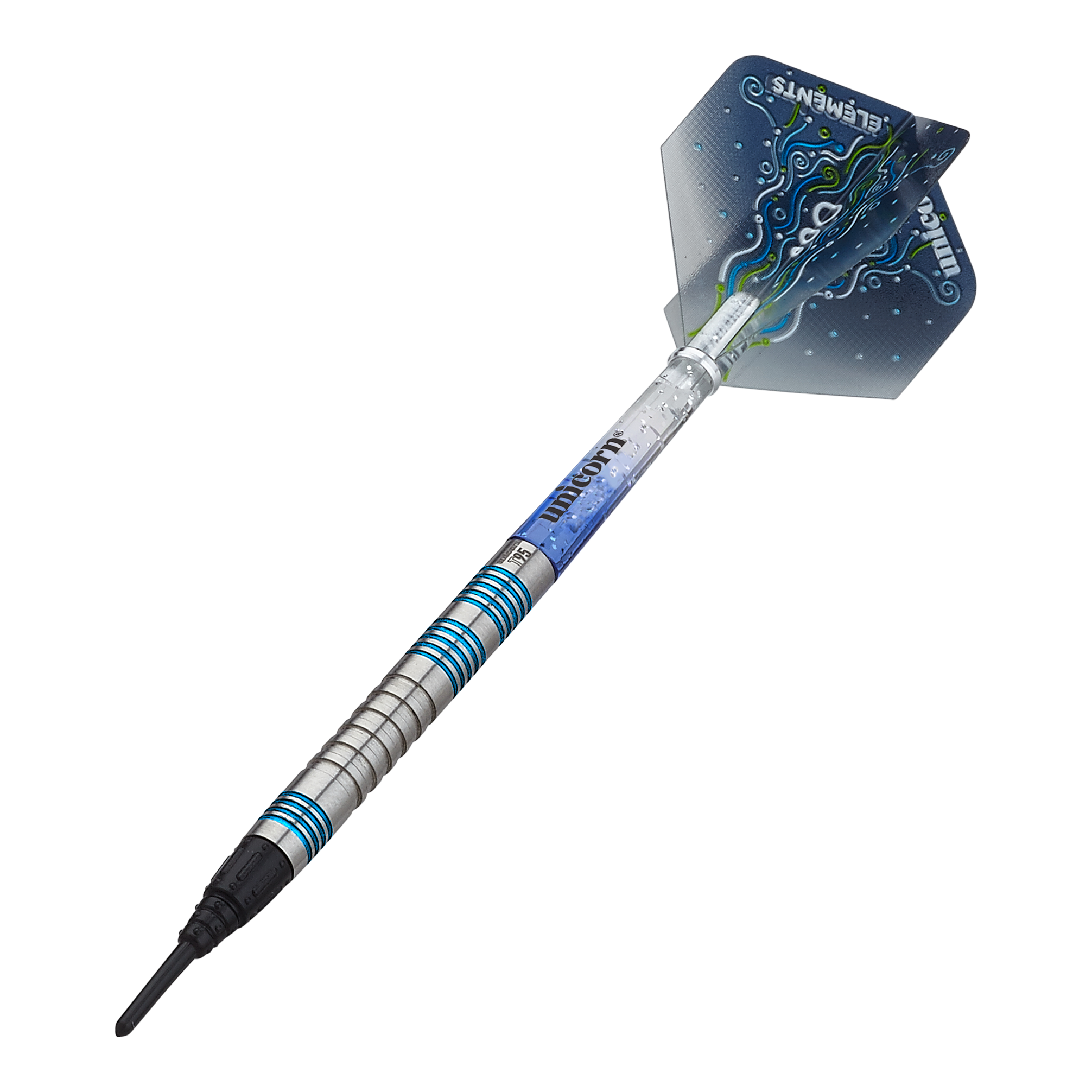 Unicorn T95 Core XL Blue miękkie lotki Das Bild zeigt einen Unicorn T95 Core XL Blue Softdart. Der Dartpfeil hat ein silber-blaues Design mit auffälligen blauen Akzenten und einer verzierten Flights.