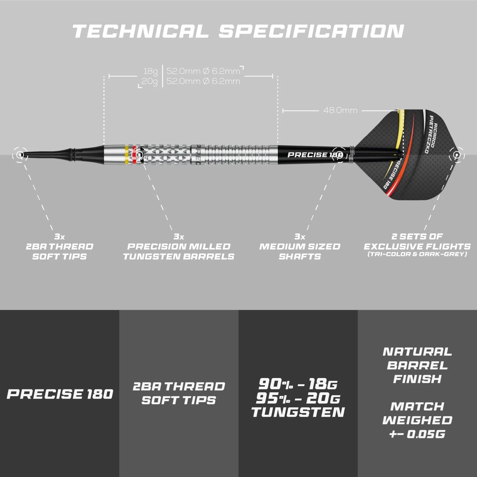 Precise 180 Ricardo Pietreczko GEN1 miękkie lotki Precise 180 Ricardo Pietreczko GEN1 Softdarts sind Softdarts mit besonderem Design. Sie eignen sich perfekt für elektronische Dartboards.