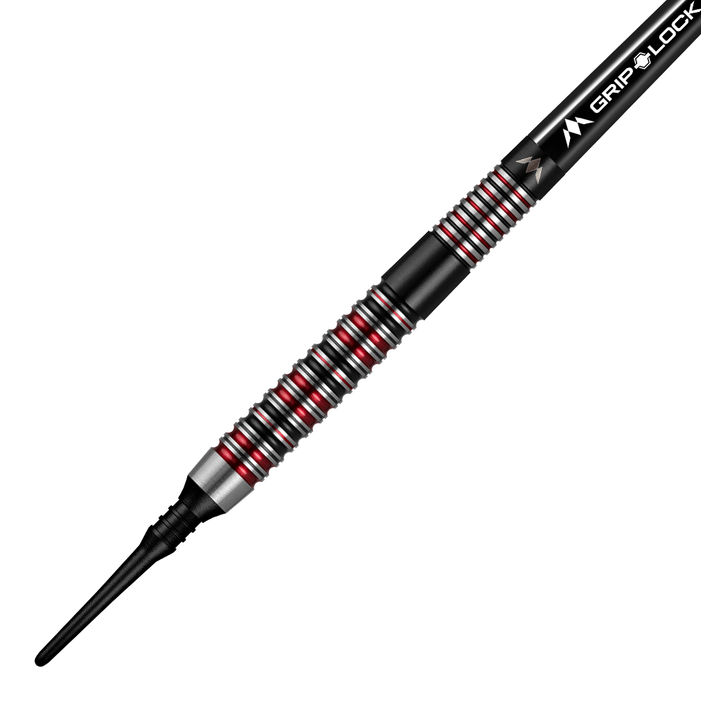 Das Bild zeigt einen Mission Red Dawn Model 1 Softdart mit einem Gewicht von 19g. Der Dart besteht aus schwarzem Material mit silbernen und roten Rillen sowie einer schwarzen Spitze.