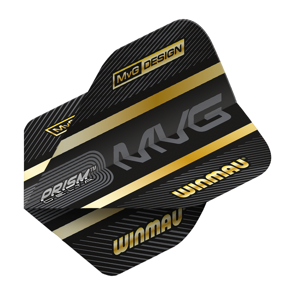 Die Abbildung zeigt das Produkt "Winmau Prism Delta MvG Standard Flights". Die Flights sind schwarz mit goldenen Akzenten und tragen die Aufschriften "MvG", "WINMAU" und "PRISM DELTA".