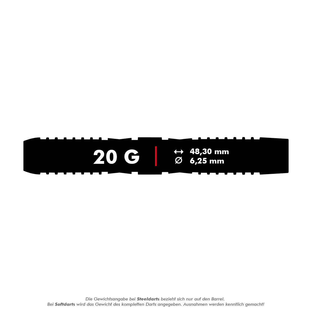 Miękkie lotki Red Dragon Panterra - 20g Das Bild zeigt die Produktangaben für die Red Dragon Panterra Softdarts mit einem Gewicht von 20 Gramm. Die Darts sind 48,30 mm lang und haben einen Durchmesser von 6,25 mm.