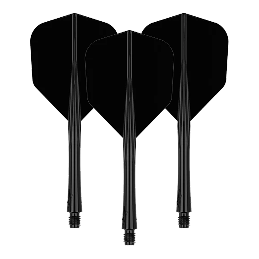 System wału lotniczego Caliburn SUP Lite No6 Das Bild zeigt drei schwarze Dart-Flights mit Schäften. Sie sind in einer aufrechten Position nebeneinander angeordnet.