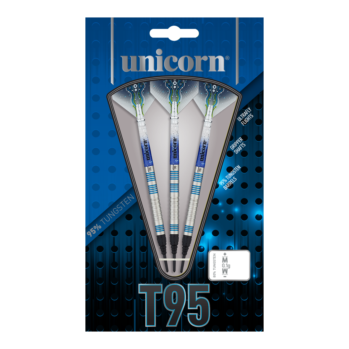 Unicorn T95 Core XL Blue miękkie lotki Das Bild zeigt die Verpackung der "Unicorn T95 Core XL Blue Softdarts". In der Packung sind drei silber-blaue Softdarts mit 95% Tungsten-Anteil zu sehen.