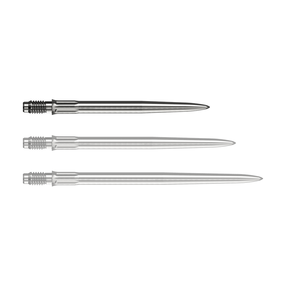 Końcówki do lotek Mission R2.5 Rapid Point SM1 – srebrne Eine silberne Dartspitze liegt vor weißem Hintergrund. Die Spitze ist eine Mission R25 Rapid Point SM1 mit einer Länge von 30mm.