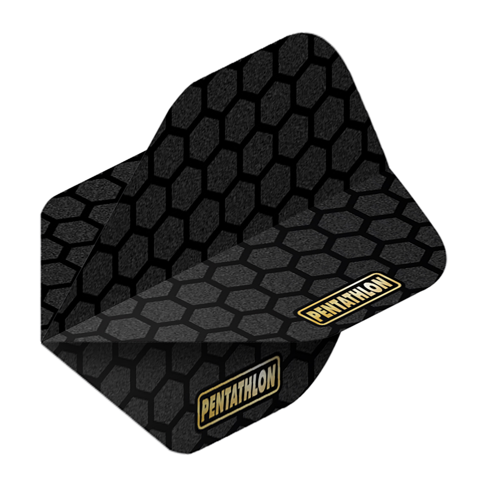 Pentathlon Flights RT Honeycomb Das Bild zeigt ein Dartflügel mit dem Namen „Pentathlon RT Honeycomb No2 Standard Flights“. Das Design ist schwarz mit einem grau-schwarzen Wabenmuster und dem Pentathlon-Logo.