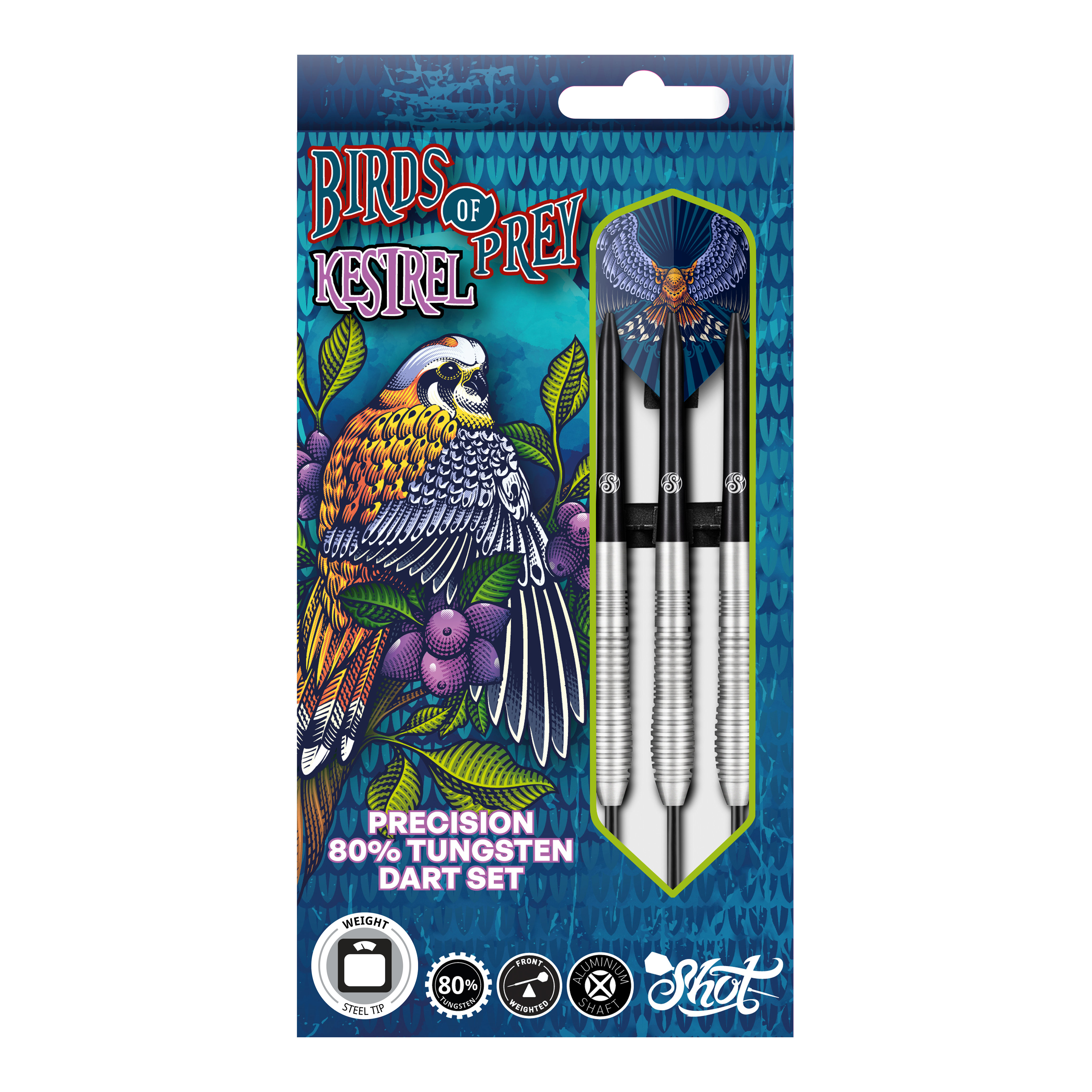 Shoty stalowe Birds Of Prey Kestrel Das Bild zeigt die Verpackung der "Shot Birds Of Prey Kestrel Steeldarts". Auf der Verpackung ist ein bunter Vogel abgebildet, und die Darts bestehen aus 80% Tungsten.