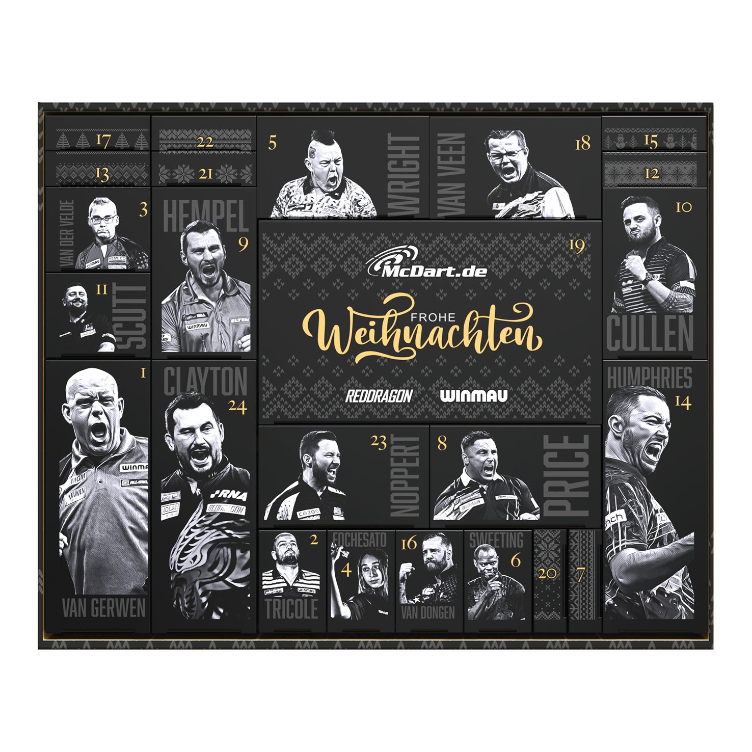 Der McDart Premium Adventskalender 2025 für Softdart-Spieler ist abgebildet. Die Adventskalender-Box zeigt ein festliches Design für Dart-Fans.
