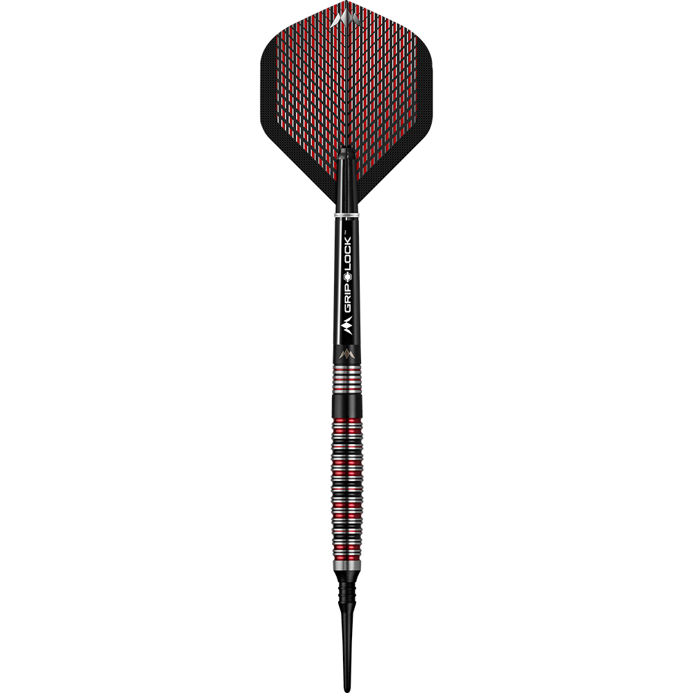 Dies ist ein Softdart aus der Serie "Mission Red Dawn Model 3" mit einem Gewicht von 20 Gramm. Der Dart hat ein elegantes Design mit schwarzen, roten und silbernen Akzenten.