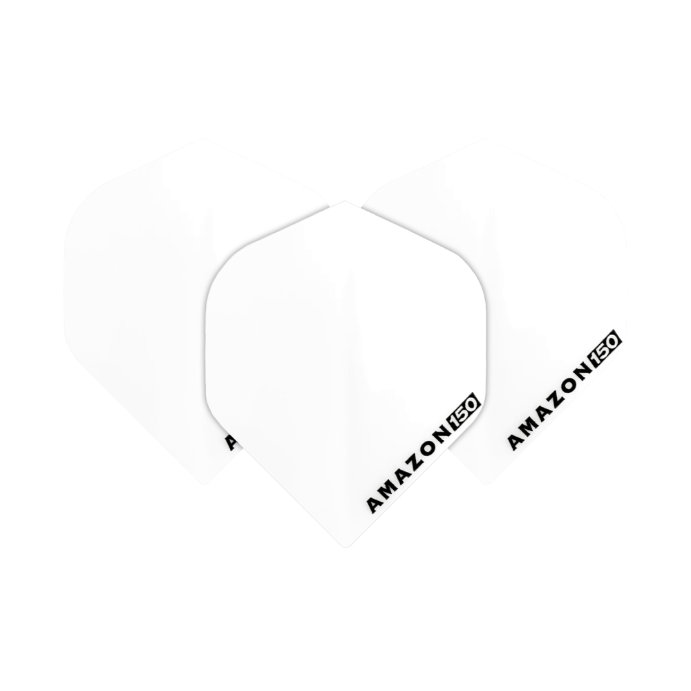 Amazon 150 Flights - Biały Das Bild zeigt drei weiße Dart-Flights mit der Aufschrift "AMAZON 150" in einer Ecke. Die Flights sind schlicht gehalten und haben eine klassische Form.