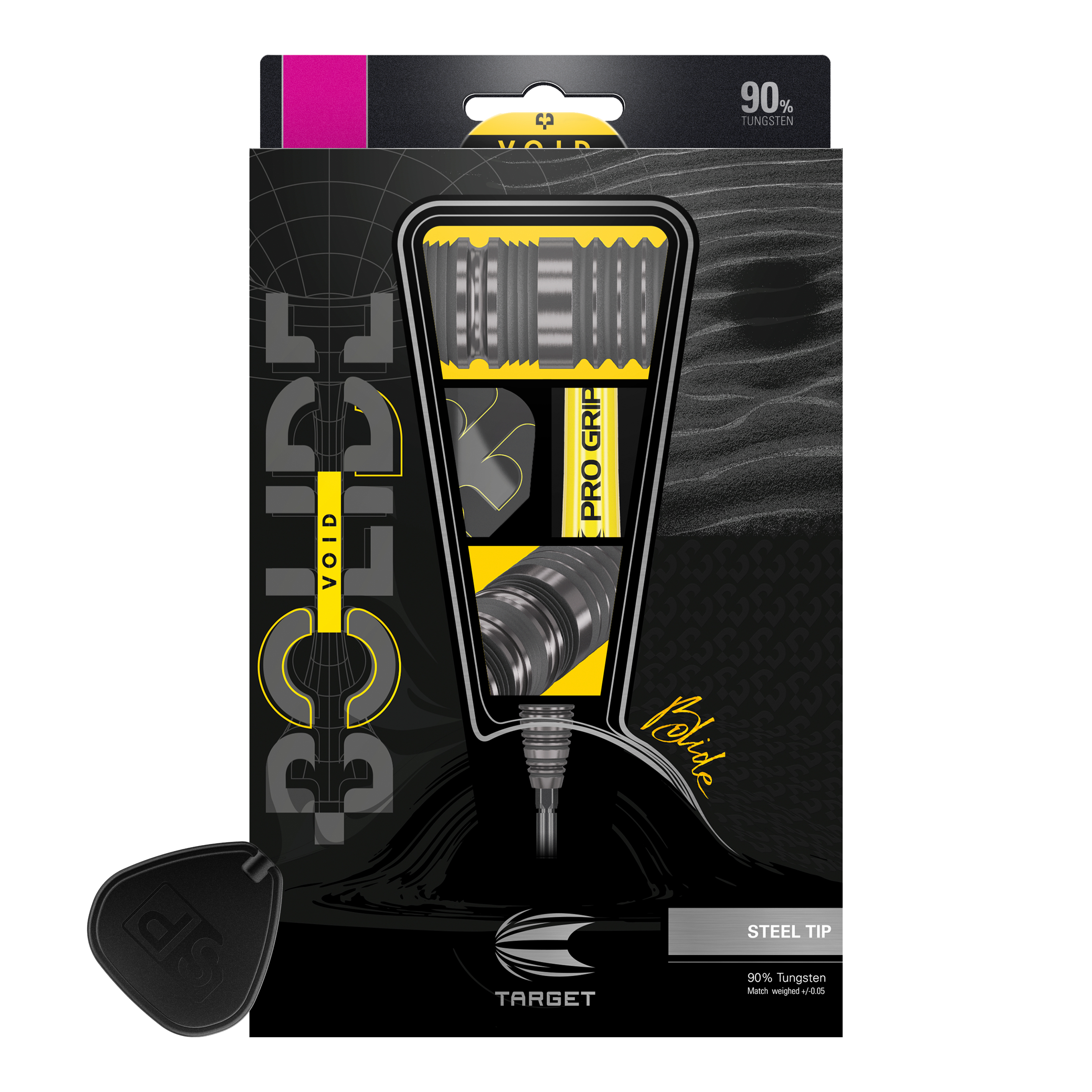 Stalowe lotki Target Bolide Void 05 Swiss Point Das Bild zeigt die Verpackung der "Target Bolide Void 05 Swiss Point Steeldarts". Die Verpackung ist überwiegend schwarz mit gelben Akzenten und hebt die hochwertige Verarbeitung aus 90 % Tungsten hervor.