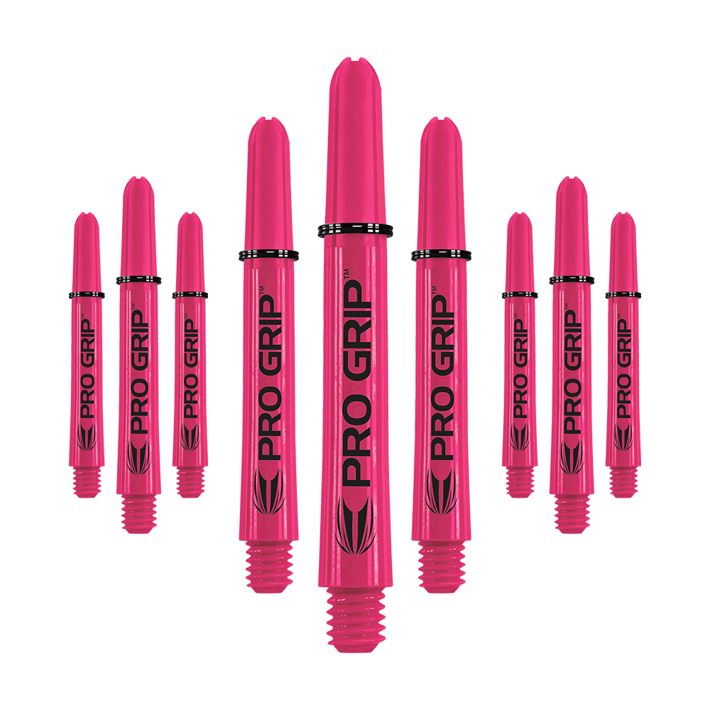 Uchwyty Target Pro Grip - 3 zestawy - różowe Das Bild zeigt neun pinke Dartshafts mit der Aufschrift "PRO GRIP". Die Shafts sind in drei Reihen angeordnet und heben sich deutlich vor dem weißen Hintergrund ab.