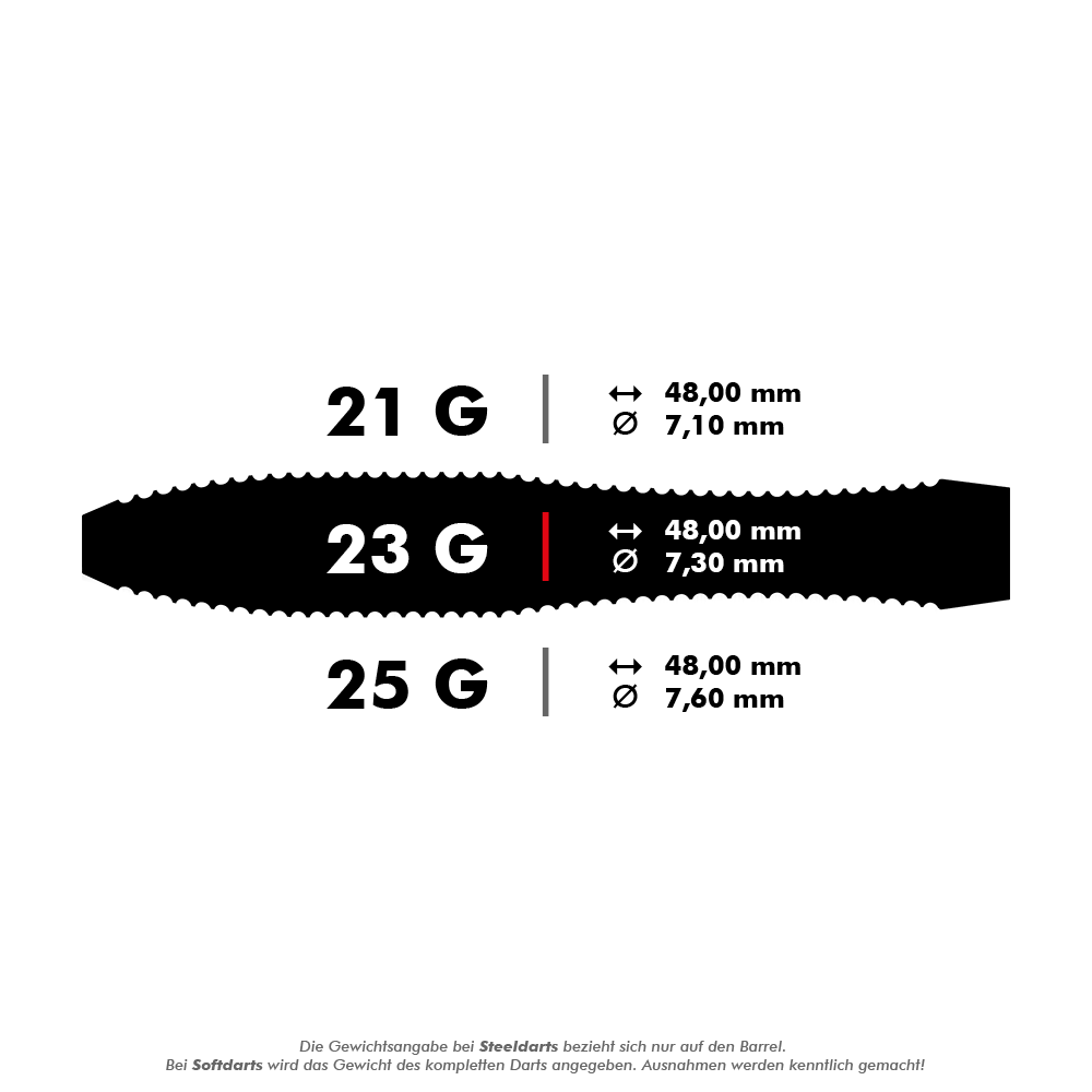 Harrows Anniversary Edition Stalowe rzutki V-Wing Das Bild zeigt die Spezifikationen von Steeldarts mit den Gewichten 21 g, 23 g und 25 g. Länge und Durchmesser der Darts sind jeweils angegeben, wobei alle Darts 48,00 mm lang sind und sich im Durchmesser unterscheiden.