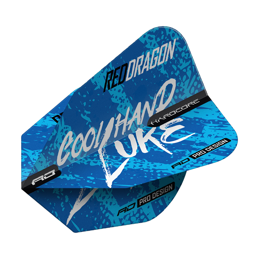 Das Bild zeigt die blauen Dart-Flights „Red Dragon Luke Humphries World Champion V-Standard“. Auf den Flights stehen die Worte „Cool Hand Luke“ und „Red Dragon“.