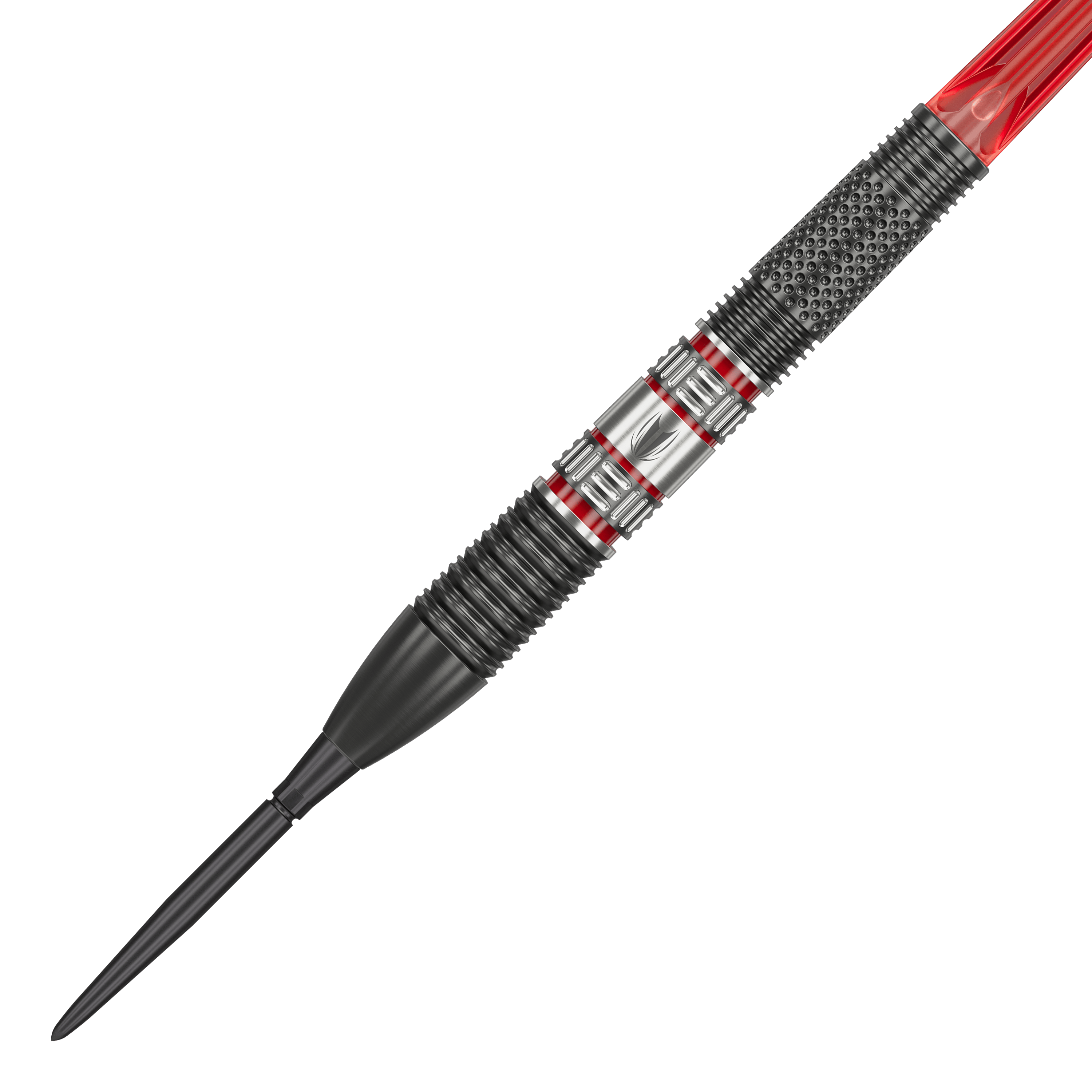 Lotki stalowe Target Gabriel Clemens 95K Swiss Point Das Bild zeigt einen Target Gabriel Clemens 95K Swiss Point Steeldart. Der Dart hat ein modernes Design mit schwarzen, silbernen und roten Akzenten.