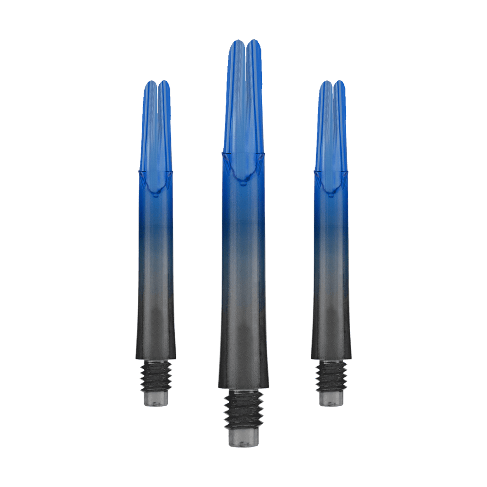 Dwukolorowe wałki L-L-Style-Shaft Locked Straight Natural9 - niebieskie Das Bild zeigt drei blaue und schwarze Dartschäfte ohne Kappen. Sie sind gerade und haben eine Länge von 39 mm.