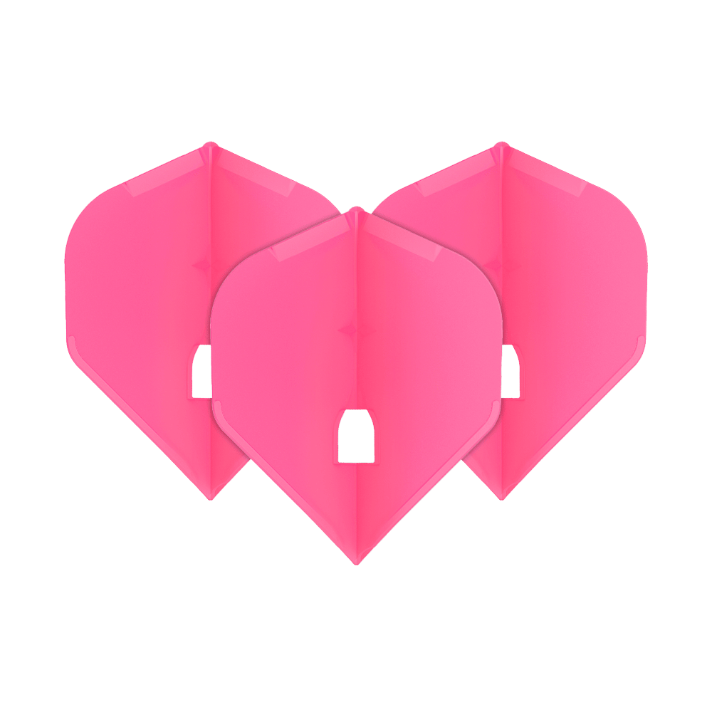 L-Style Champagne L1PRO Flights Das Bild zeigt drei pinke Dartflights in einer Standardform. Sie sind ordentlich nebeneinander angeordnet.