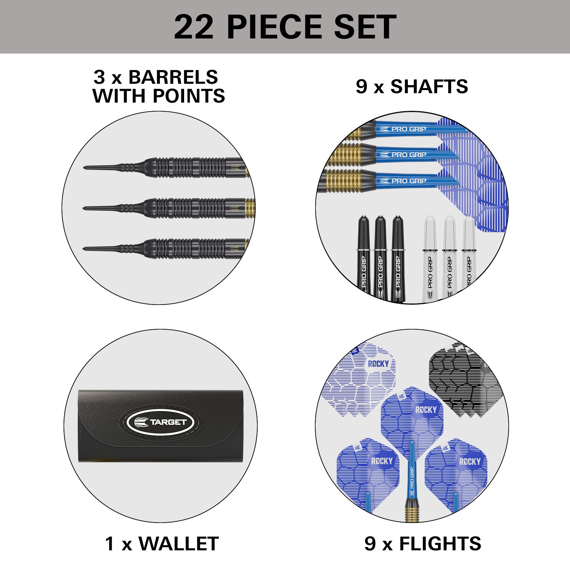 Target Josh Rock Brass Soft Darts - 18g Das Bild zeigt das 22-teilige Set "Target Josh Rock Brass Softdarts - 18g". Es enthält 3 Barrels mit Spitzen, 9 Shafts, 1 Wallet und 9 Flights.