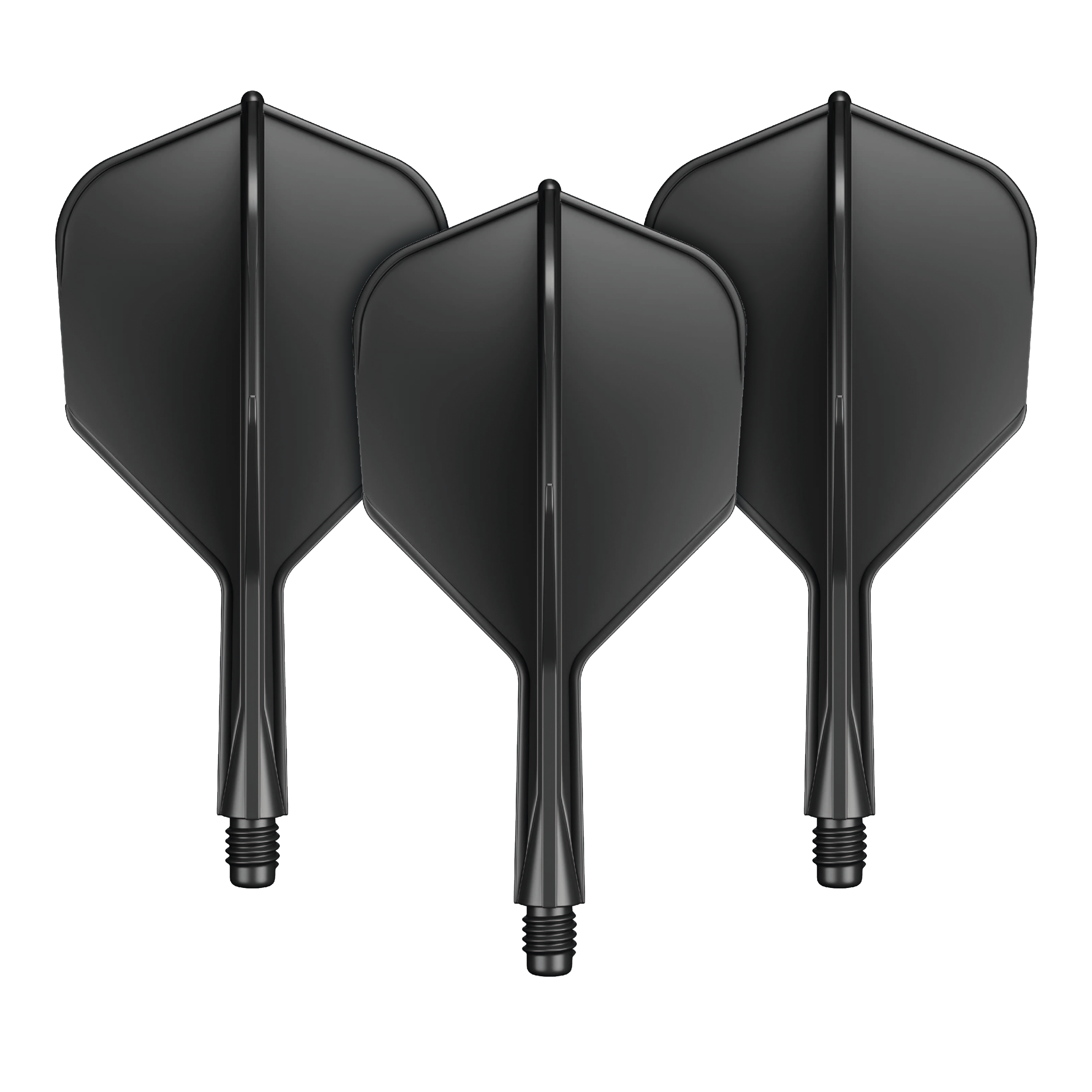 System wału lotniczego GOAT A1R No6 - czarny Das Bild zeigt drei schwarze Dart-Flights mit integriertem Shaft. Sie sind nebeneinander angeordnet und verfügen über einen kurzen Schaft mit Schraubgewinde.