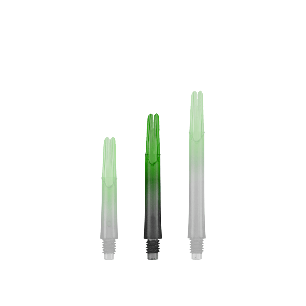 Dwukolorowe wałki w stylu L z blokadą, proste, naturalne, 9, w kolorze zielonym Auf dem Bild sind drei grün-schwarze Dartschäfte in unterschiedlichen Längen zu sehen. Sie stehen aufrecht nebeneinander auf weißem Hintergrund.