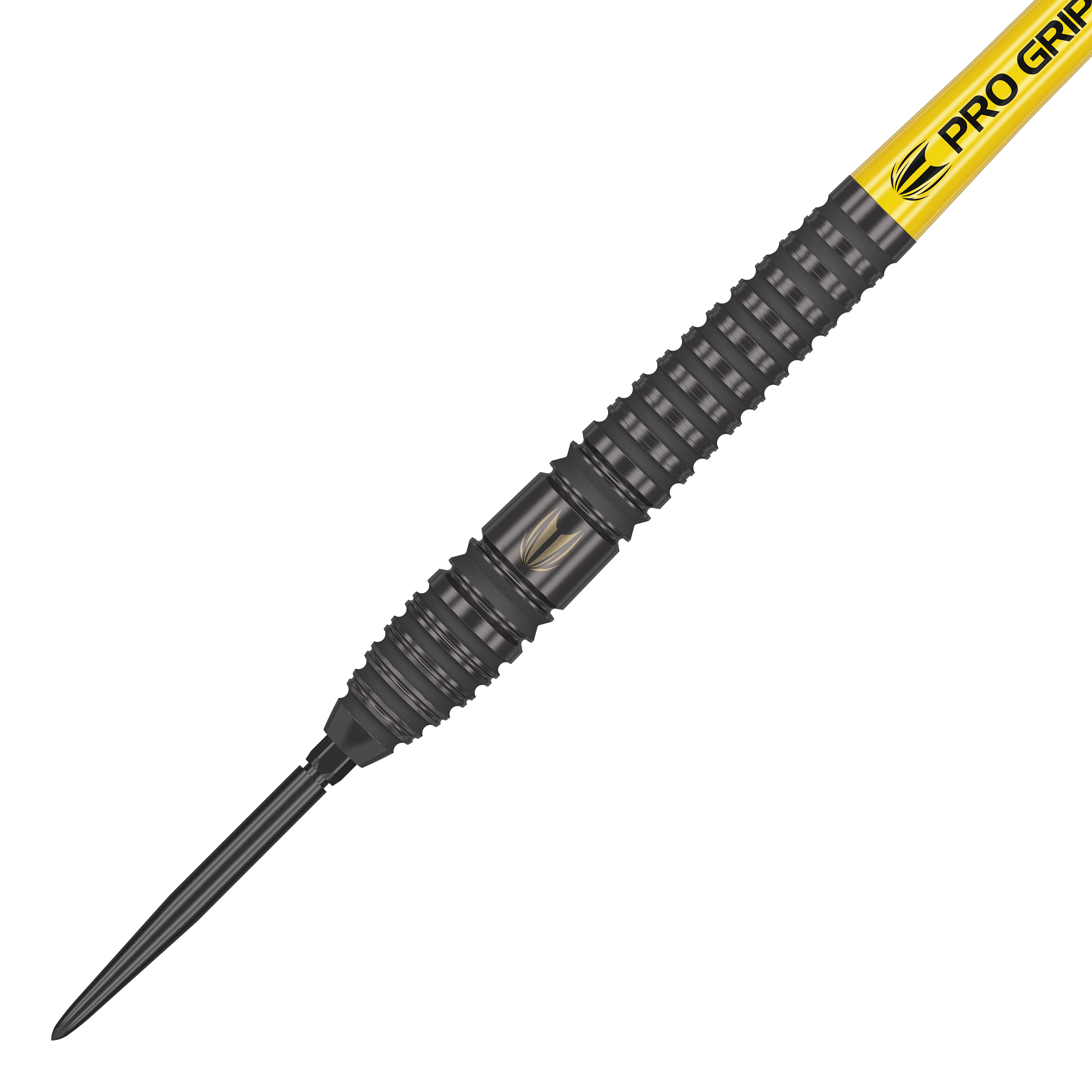 Stalowe lotki Target Bolide Void 03 Swiss Point Das Bild zeigt den Target Bolide Void 03 Swiss Point Steeldart. Der Dartpfeil hat ein schwarzes, geriffeltes Barrel und eine gelbe Pro Grip Spitze.