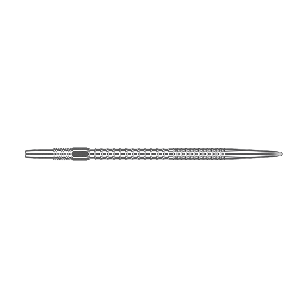 Końcówki do lotek Target Swiss Firepoint Silver Das Bild zeigt eine silberne Dartspitze mit einem gerillten, strukturierten Design. Sie ist lang und schmal, mit einer spitzen Spitze am rechten Ende.