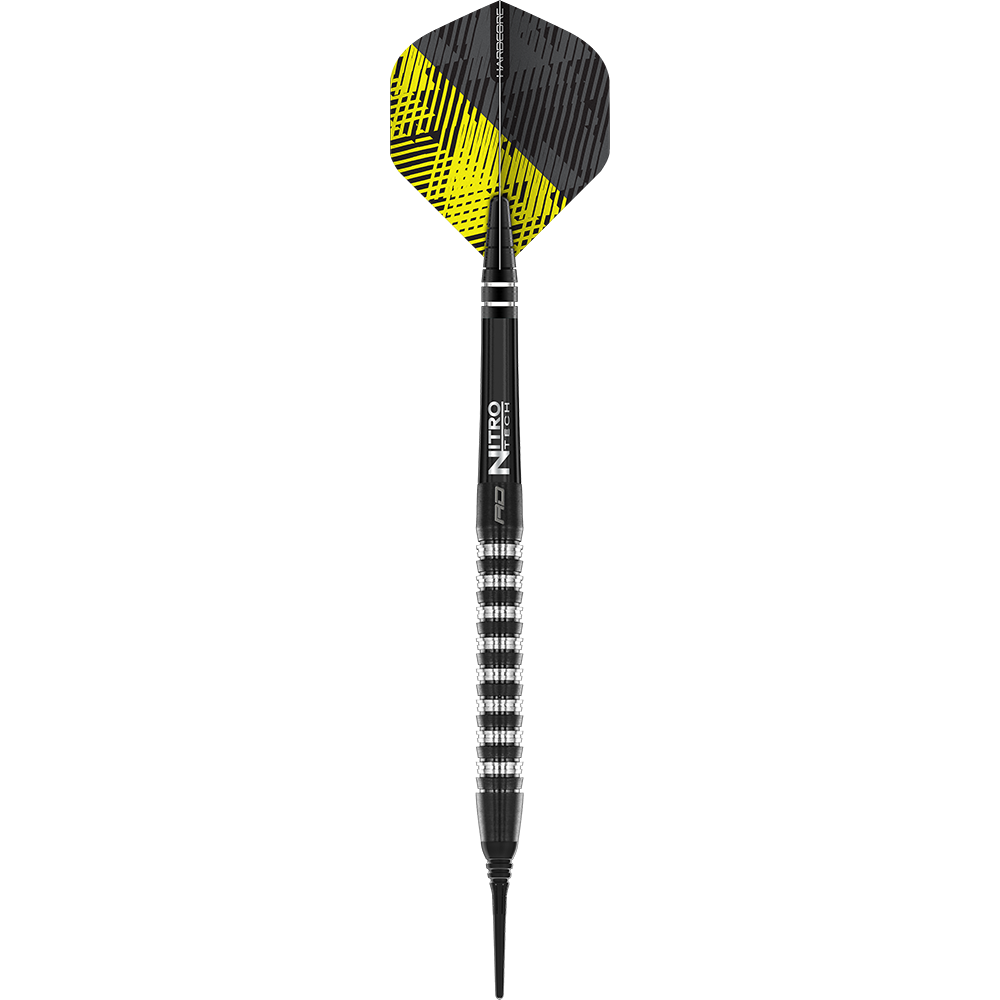 Das Bild zeigt einen Red Dragon Razor Edge Elite Softdart mit einem Gewicht von 20 Gramm. Der Dartpfeil hat ein schwarzes und silbernes Design mit einem strukturierten Griff.