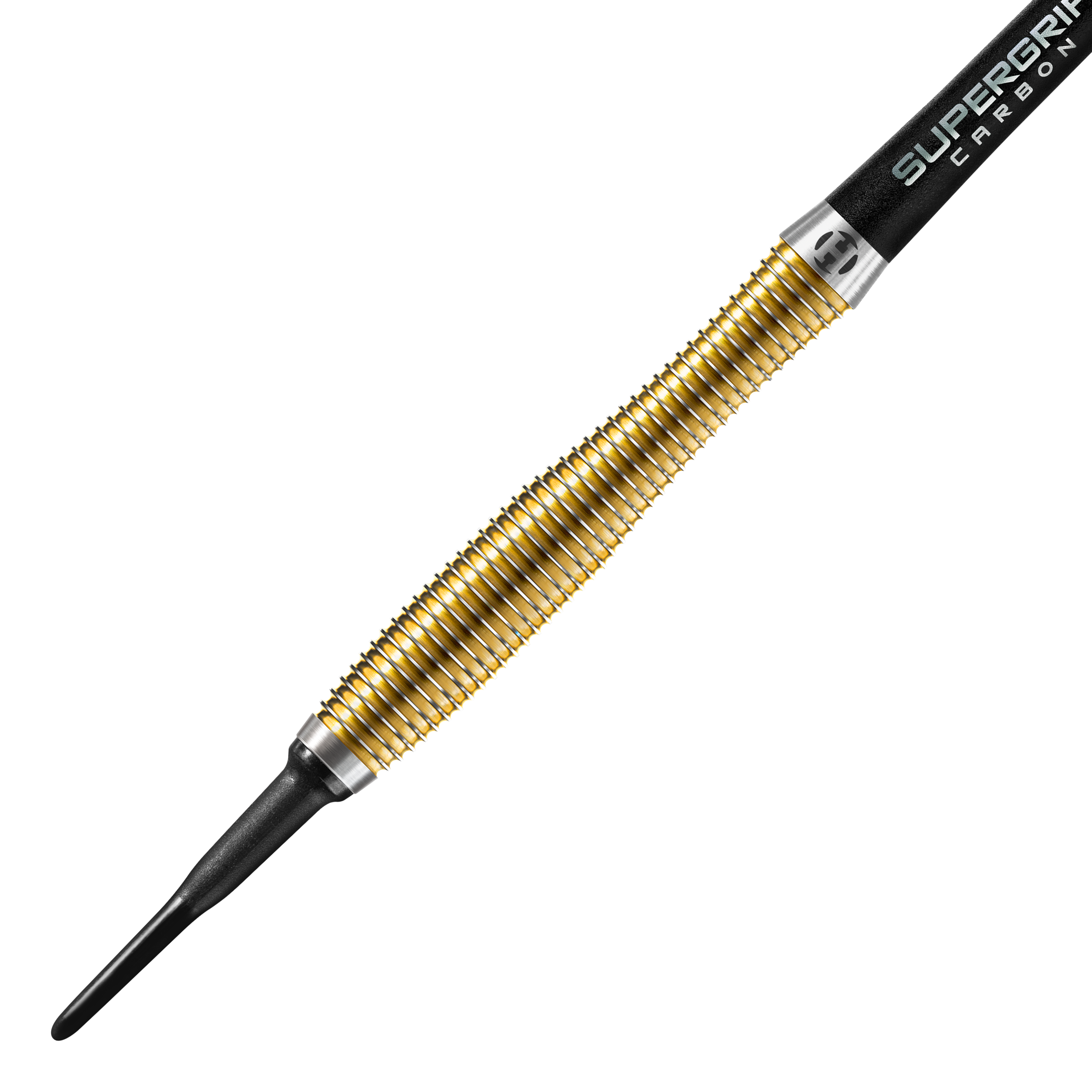 Harrows Anniversary Edition V-Wing Soft Darts - 18g Das Bild zeigt einen goldfarbenen Softdart der Marke Harrows, Modell Anniversary Edition V-Wing mit 18g Gewicht. Der Dart hat eine strukturierte Griffzone und eine schwarze Kunststoffspitze.