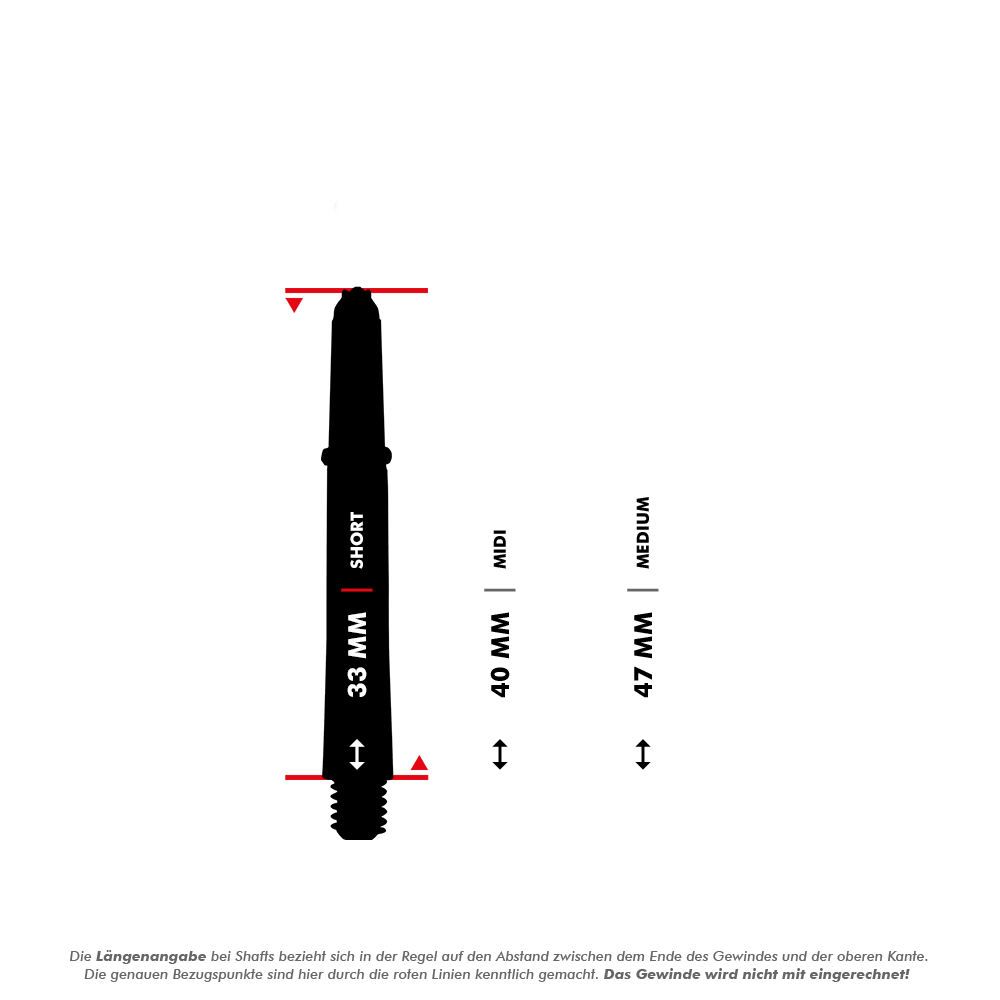 Das Bild zeigt die verschiedenen Längen der Harrows Supergrip Ignite Shafts - Aqua. Die abgebildeten Größen sind Short (33 mm), Midi (40 mm) und Medium (47 mm).