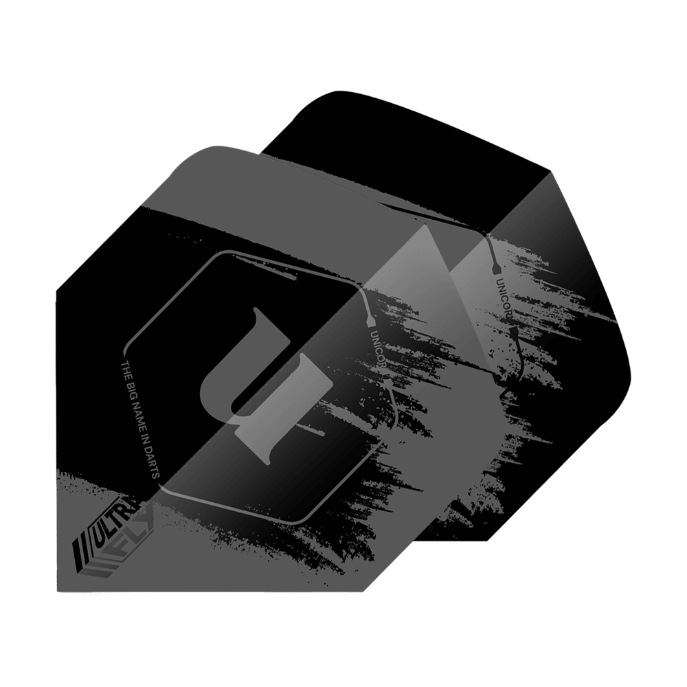 Unicorn Ultrafly 100 Team Unicorn Big Wing Flights - Szary Das Bild zeigt das Produkt "Unicorn Ultrafly 100 Team Unicorn Big Wing Flights - Grau". Die Flights sind überwiegend grau und schwarz mit einem modernen, abstrakten Design und dem Unicorn-Logo.