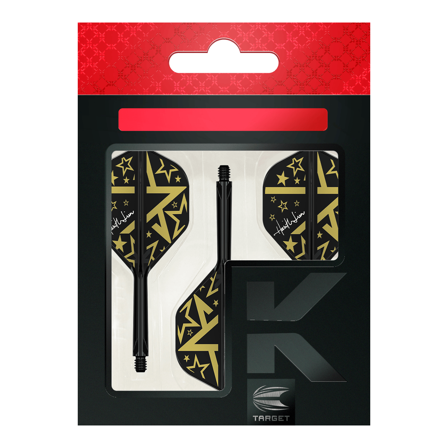 Target Japan K-Flex Hot Shot No2 Standardowy system wału lotniczego Das Bild zeigt das Produkt "Target Japan K-Flex Hot Shot No2 Standard Flight-Shaft-System" in seiner Verpackung. Die Flights und Shafts sind schwarz mit goldenen Sternen und Mustern gestaltet.