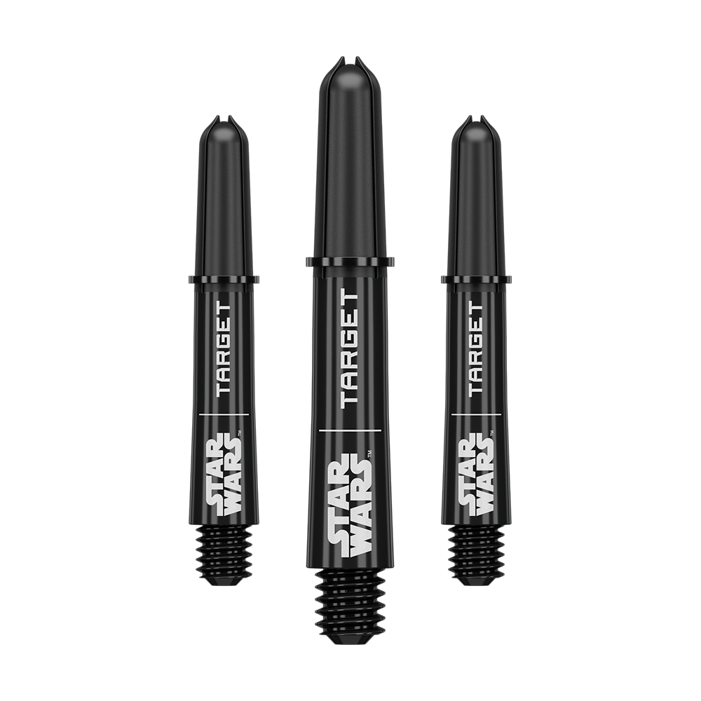 Abgebildet ist das Produkt mit dem Dateinamen 380420_Target_StarWars_ProGrip_Shafts_Schwarz_Short_34mm_1Set. Vermutlich handelt es sich um schwarze ProGrip Shafts für Darts, Modell Star Wars, in kurzer Ausführung.