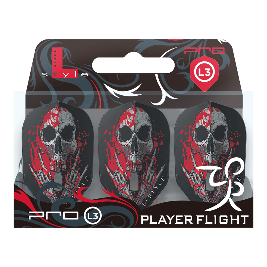 Loty Ryan Searle V3 L3PRO w stylu L, czarne Die Abbildung zeigt ein Set von drei L-Style Ryan Searle V3 L3PRO Black Flights. Auf den Flights ist ein Totenkopf-Design mit roten Farbakzenten zu sehen.