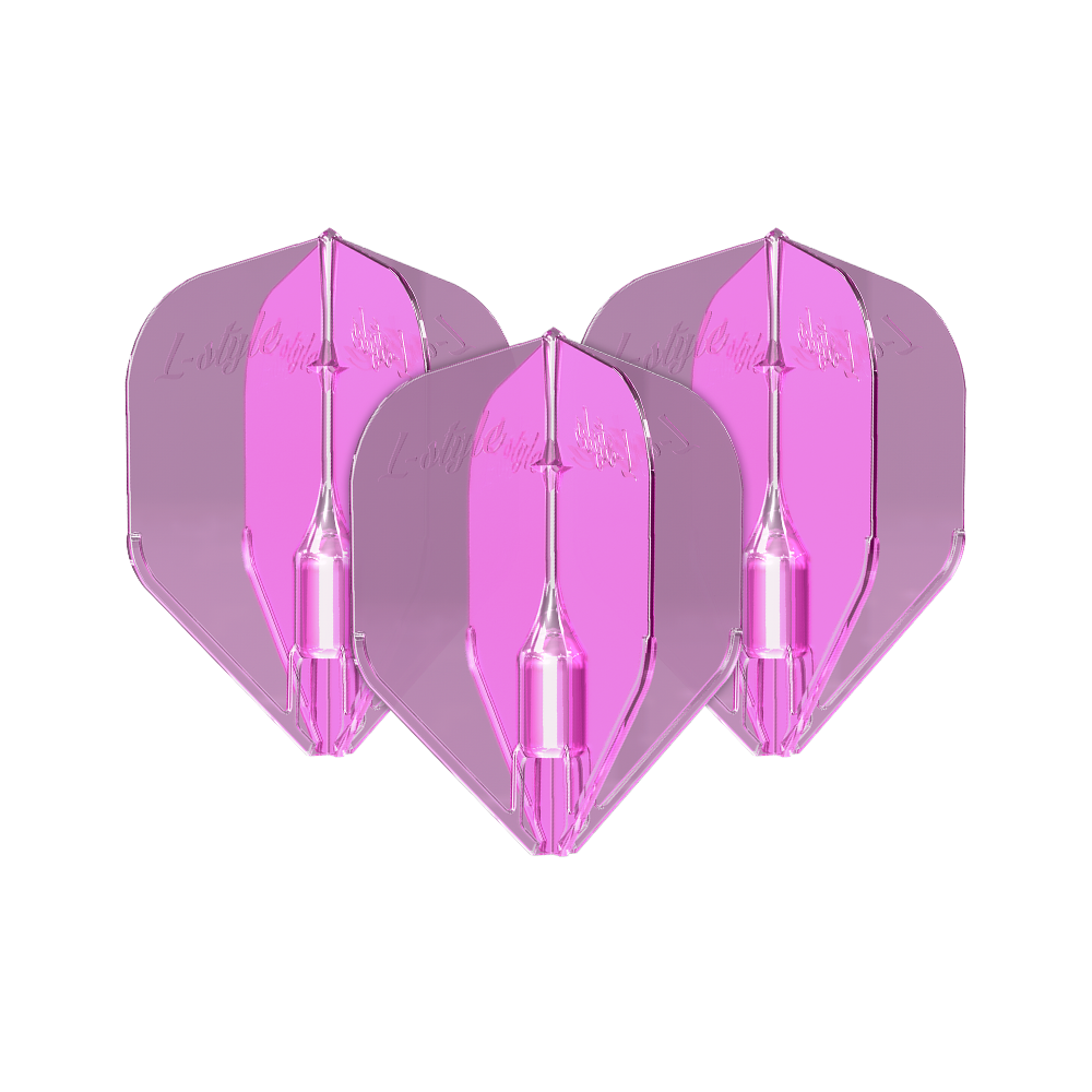 Loty Fantom L-L-Style3EZ Clear Pink Das Bild zeigt drei klare, pinke Dartflights des Modells "L-Style Fantom L3EZ". Die Flights sind transparent und haben eine leuchtend pinke Farbe.