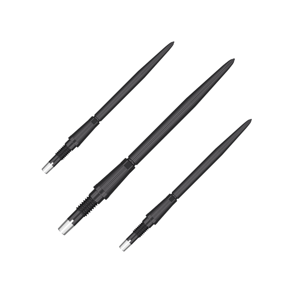 Target Swiss Storm Nano Point Dartspitzen - Schwarz Das Bild zeigt drei schwarze Dartspitzen, die nebeneinander liegen. Sie haben eine feine Riffelung und sind jeweils 35 mm lang.