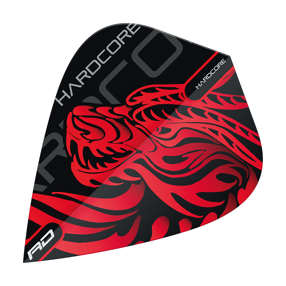 TF6500_Red_Dragon_Hardcore_Jonny_Clayton_Dragon_Kite_Flights_1ZBltoOtqlvMGy Dieses Bild zeigt ein Dart-Flight mit einem auffälligen roten Drachen-Design auf schwarzem Hintergrund. Auf dem Flight steht das Wort "HARDCORE" sowie die Abkürzung "RD".