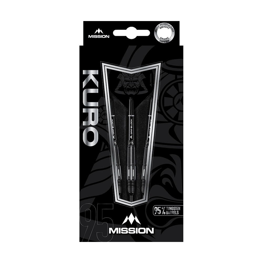 Die Abbildung zeigt die Softdarts „Mission Kuro Model 4“ in einer schwarzen Verpackung. Auf der Verpackung steht, dass die Darts 95 % Tungsten-Barrels enthalten.