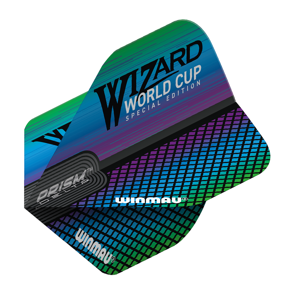 6915-253_Winmau_Prism_Delta_Wizard_Rainbow_Standard_Flights_27P8YnQwFXJtFJ Das Bild zeigt die Winmau Prism Delta Wizard Rainbow Standard Flights mit einem bunten, regenbogenfarbenen Design. Auf den Flights steht "WIZARD WORLD CUP SPECIAL EDITION" und das Winmau-Logo ist ebenfalls sichtbar.