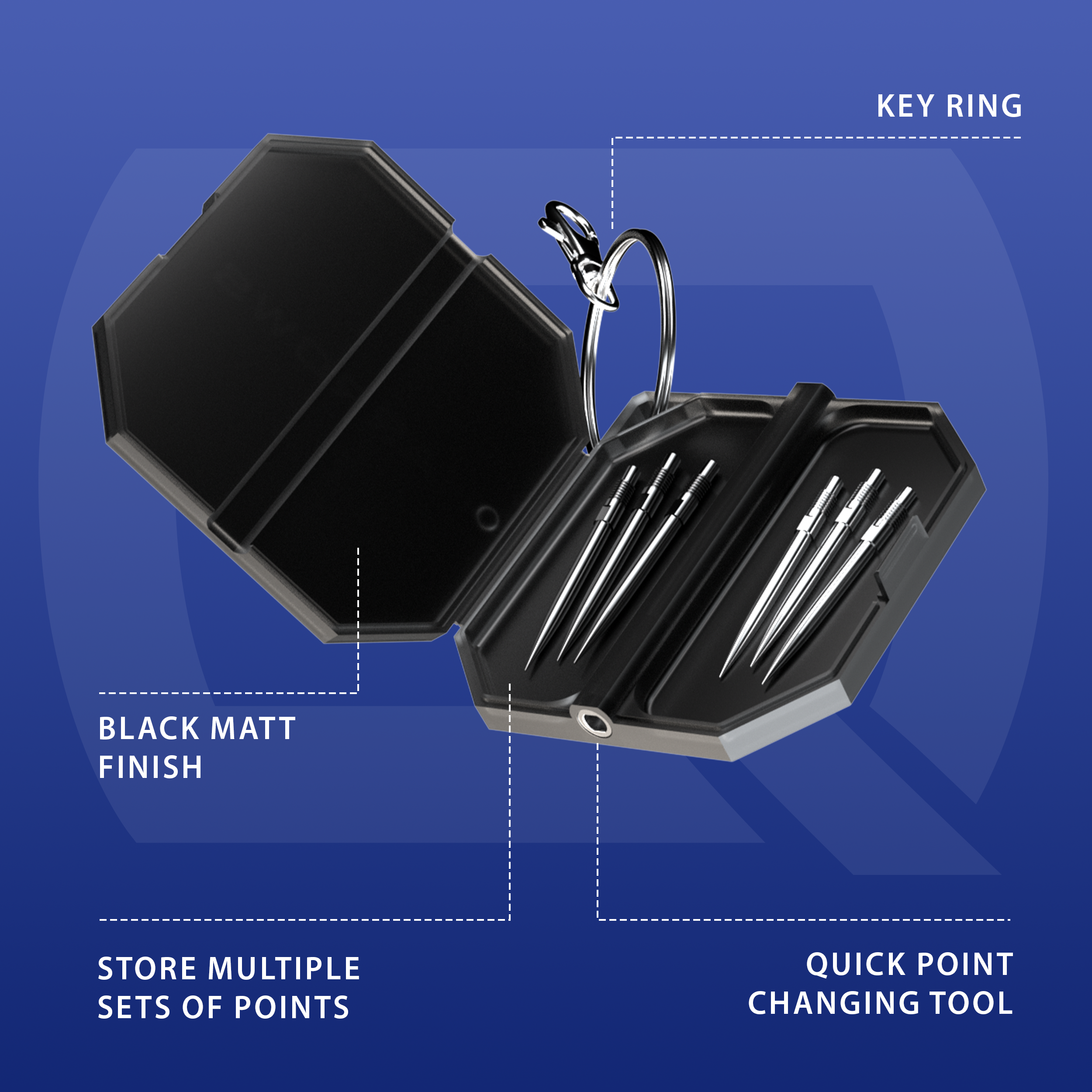 Dieses Bild zeigt das Harrows Premium Quick Point Tool Case. Es ist speziell für Dartsportzubehör entwickelt worden.