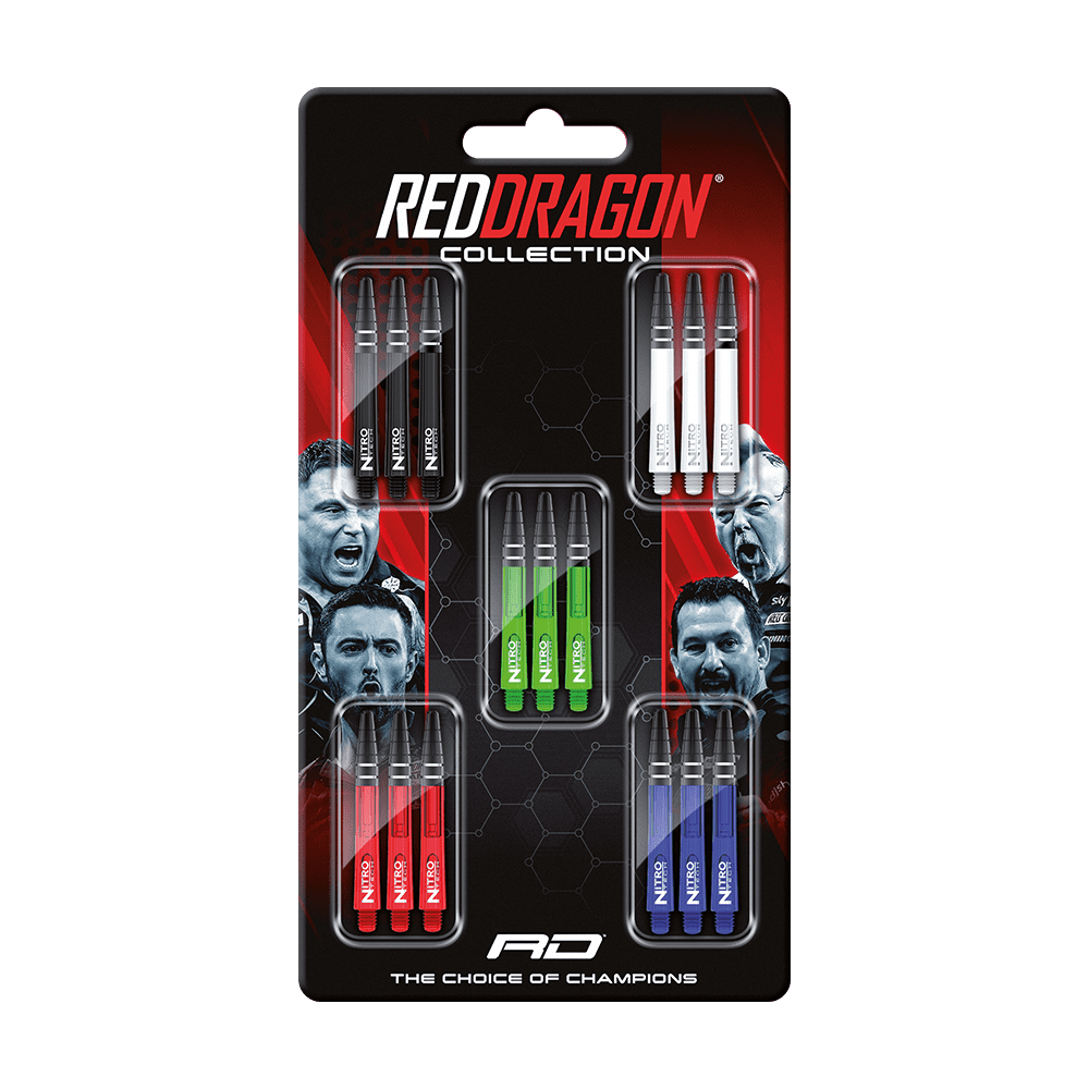 X0802_Red_Dragon_Nitrotech_Shaft_Card_Medium_1 Das Bild zeigt eine Verpackung mit mehreren Sätzen von Dart-Schäften namens "Red Dragon Nitrotech Shaft Card Medium" in verschiedenen Farben. Auf der Verpackung sind auch Porträts von Dartspielern und das Logo "Red Dragon Collection" zu sehen.
