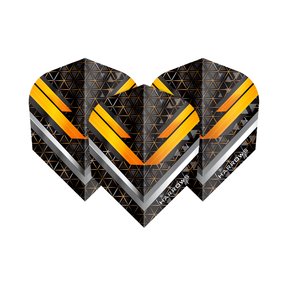 Harrows Vulcan No6 Flights sind moderne Dartflights mit auffälligem Design. Die Abbildung stellt ein Set dieser Flights dar.